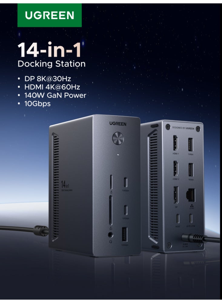 Ugreen USB C Hub 14 in 1 Type C Docking Station Triple Display,1*DP 8K, 2*HDMI 4K, 1* USB A +2 *USB C 10Gbps, 2* USB 5Gbps, 1*SD & TF Reader, 1*1Gbps Ethernet, 1*100W Upstream Port, 1*27W USB C 1*3.5mm Grey